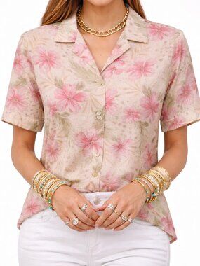 ALFRED DUNNER Beige & Pink Hawaiian Shirt 8/Medium
